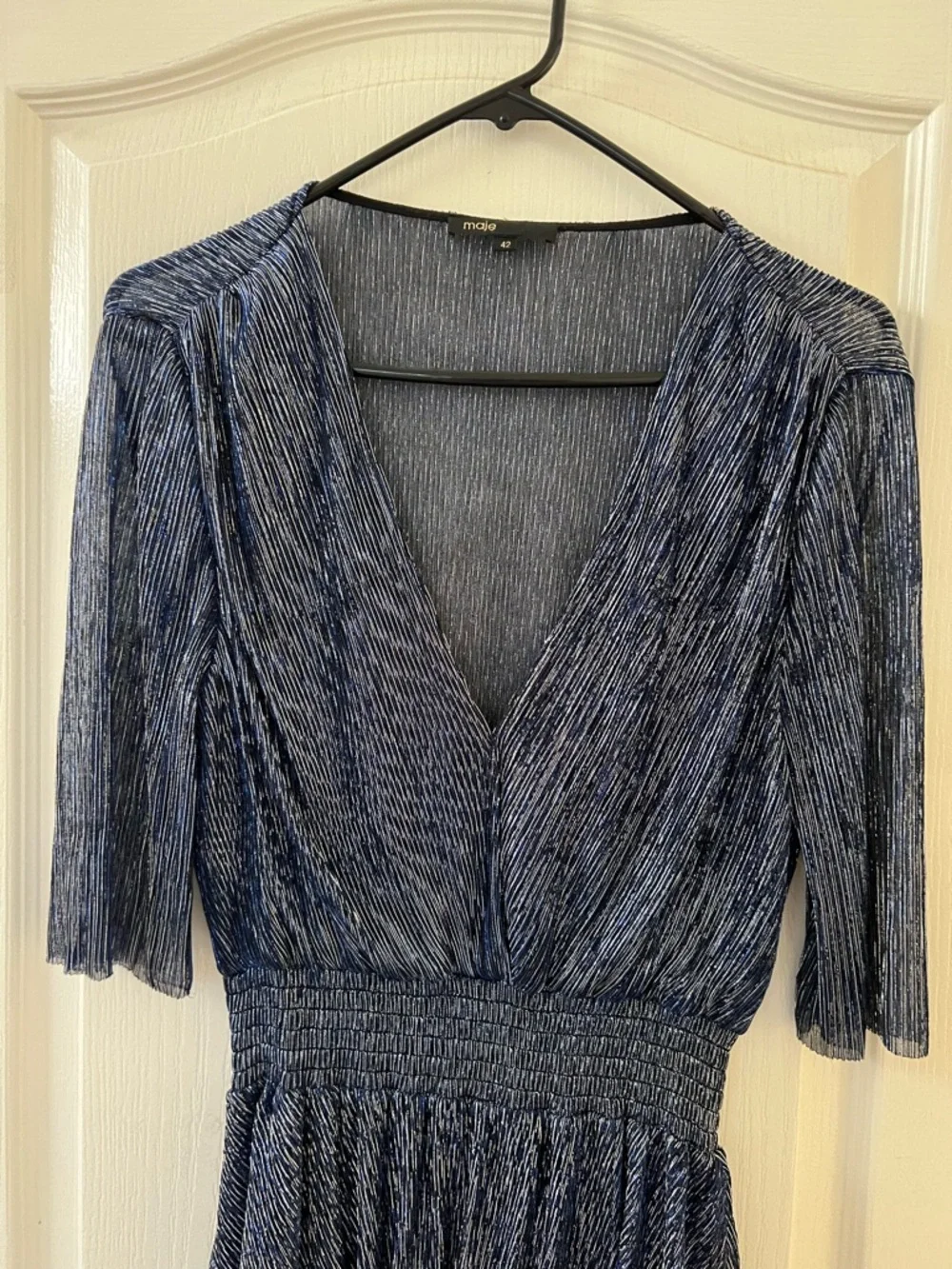 Maje Navy Metallic V-Neck Tiered High-Low Dress - Picture 5 of 6
